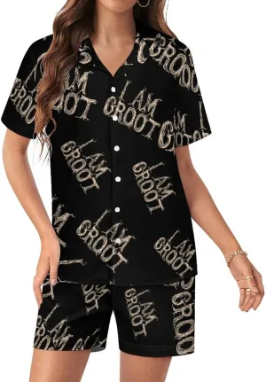 I Am Groot 2 Pcs Womens Pajama Short Sleeve Sleepwear Tops & Shorts Sets Satin Loungewear