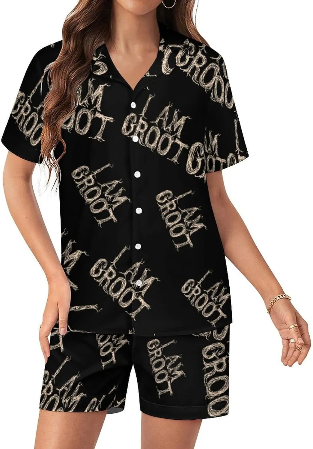 I Am Groot 2 Pcs Womens Pajama Short Sleeve Sleepwear Tops & Shorts Sets Satin Loungewear