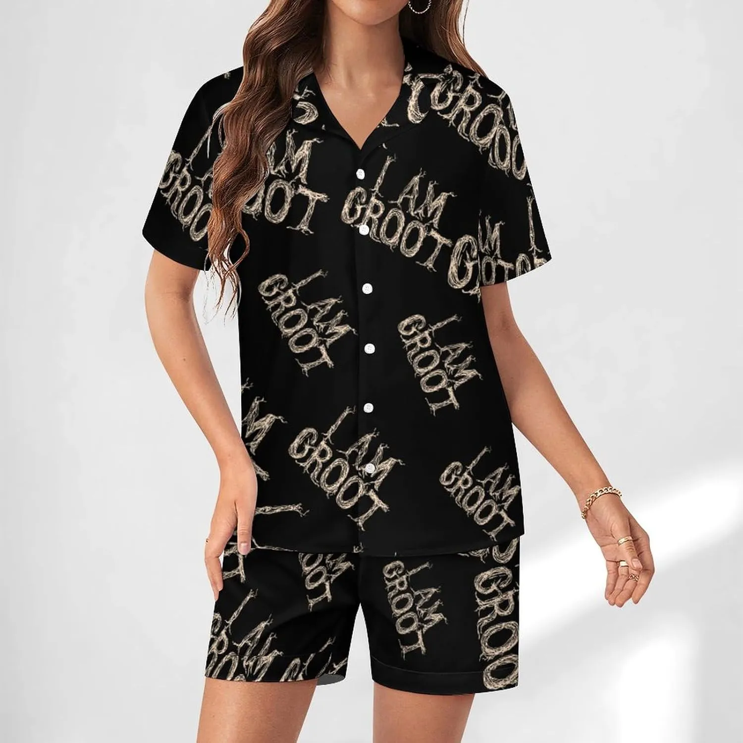 I Am Groot 2 Pcs Womens Pajama Short Sleeve Sleepwear Tops & Shorts Sets Satin Loungewear