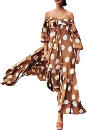 iQKA Women Off Shoulder Polka Dot Printed Maxi Dress Plus Size Summer Ruffle Bow Long Dress