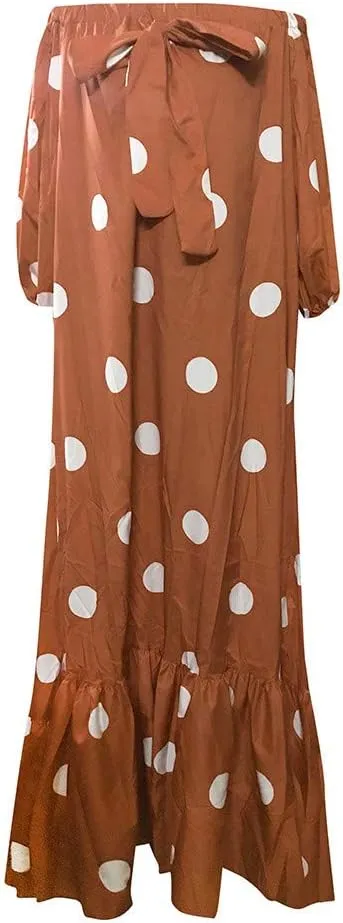 iQKA Women Off Shoulder Polka Dot Printed Maxi Dress Plus Size Summer Ruffle Bow Long Dress