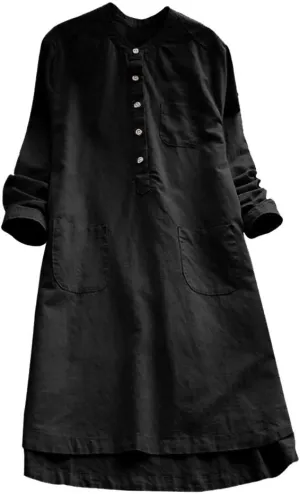 iQKA Women Plus Size Cotton Linen Button Down Shirt Dress Long Sleeve Casual Loose Pockets Mini Tunic Dress