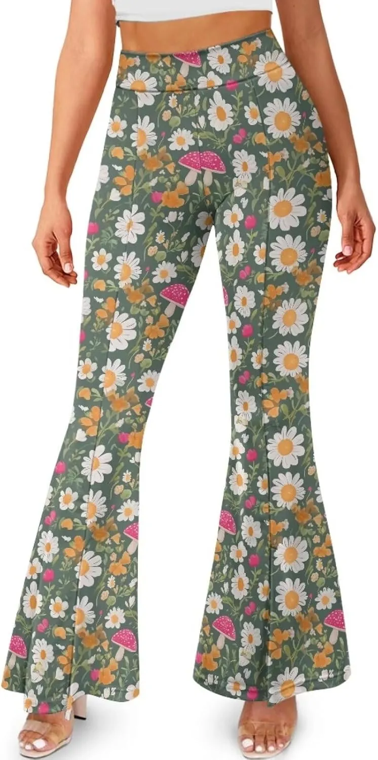 Irisjudy Women High Waist Flare Pants Morpho Butterfly Tummy Control Bell Bottom Trousers Damask Floral Office Casual Pants