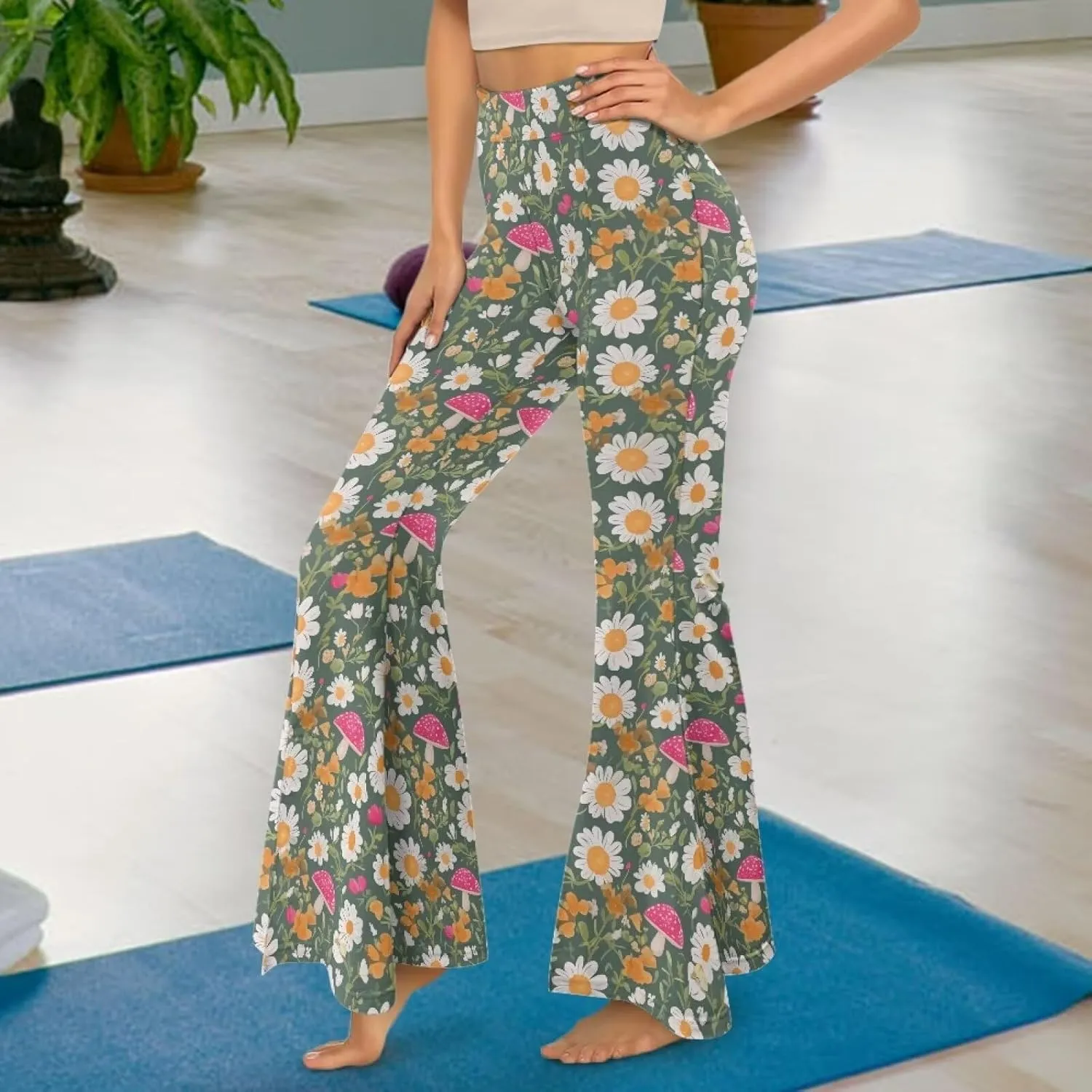 Irisjudy Women High Waist Flare Pants Morpho Butterfly Tummy Control Bell Bottom Trousers Damask Floral Office Casual Pants