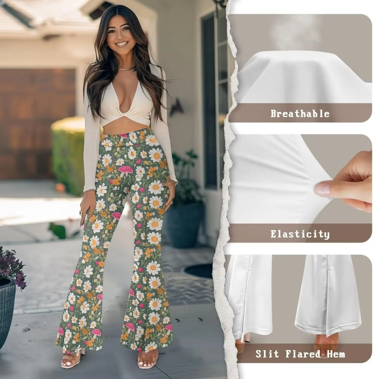 Irisjudy Women High Waist Flare Pants Morpho Butterfly Tummy Control Bell Bottom Trousers Damask Floral Office Casual Pants