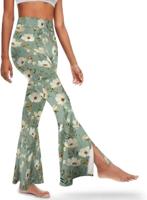 Irisjudy Women High Waist Flare Pants Morpho Butterfly Tummy Control Bell Bottom Trousers Damask Floral Office Casual Pants