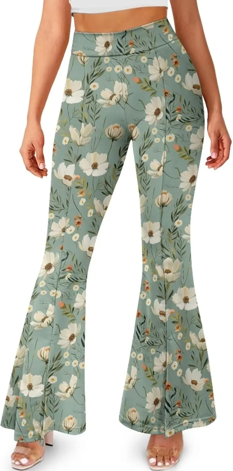 Irisjudy Women High Waist Flare Pants Morpho Butterfly Tummy Control Bell Bottom Trousers Damask Floral Office Casual Pants