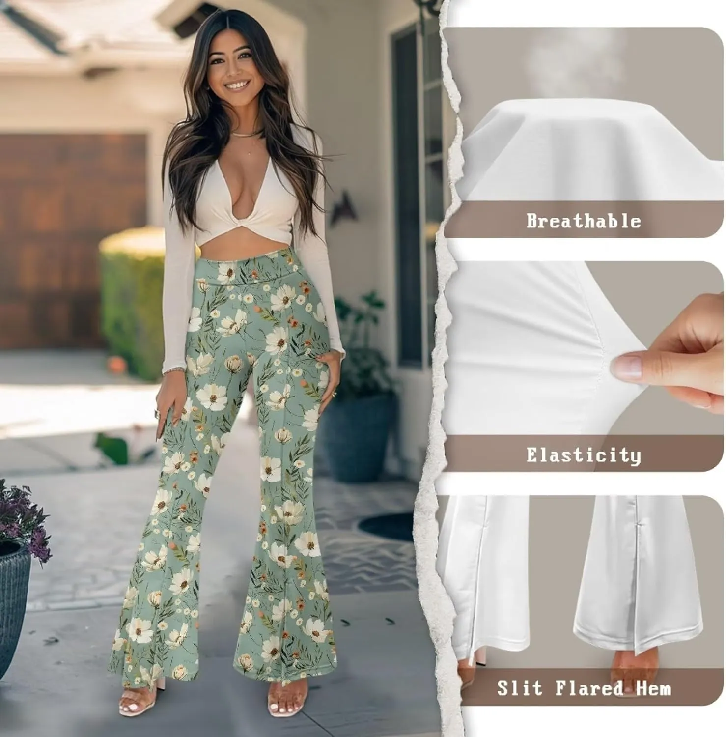 Irisjudy Women High Waist Flare Pants Morpho Butterfly Tummy Control Bell Bottom Trousers Damask Floral Office Casual Pants