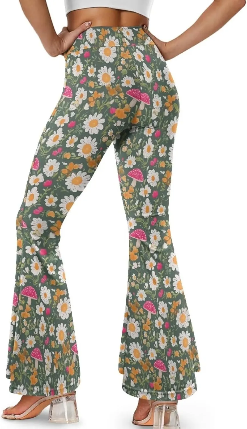 Irisjudy Women High Waist Flare Pants Morpho Butterfly Tummy Control Bell Bottom Trousers Damask Floral Office Casual Pants