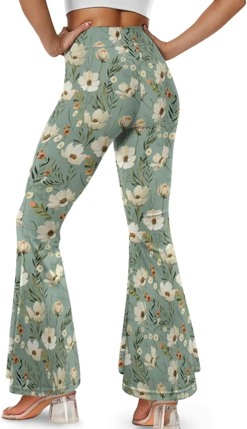 Irisjudy Women High Waist Flare Pants Morpho Butterfly Tummy Control Bell Bottom Trousers Damask Floral Office Casual Pants