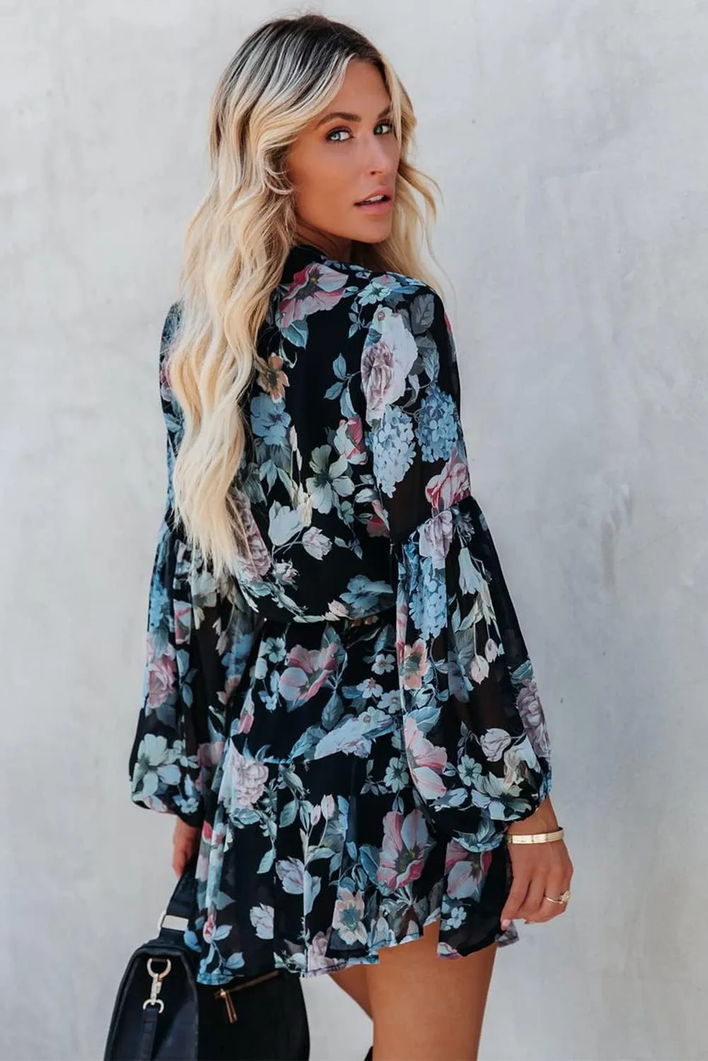 Irsutey Women Casual Summer Sundress Boho Long Sleeve V Neck Tie Knot Dress Ruffle Floral Print Button Down Mini Swing Dress