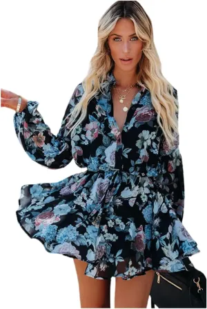Irsutey Women Casual Summer Sundress Boho Long Sleeve V Neck Tie Knot Dress Ruffle Floral Print Button Down Mini Swing Dress