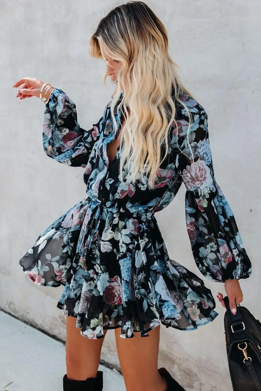 Irsutey Women Casual Summer Sundress Boho Long Sleeve V Neck Tie Knot Dress Ruffle Floral Print Button Down Mini Swing Dress