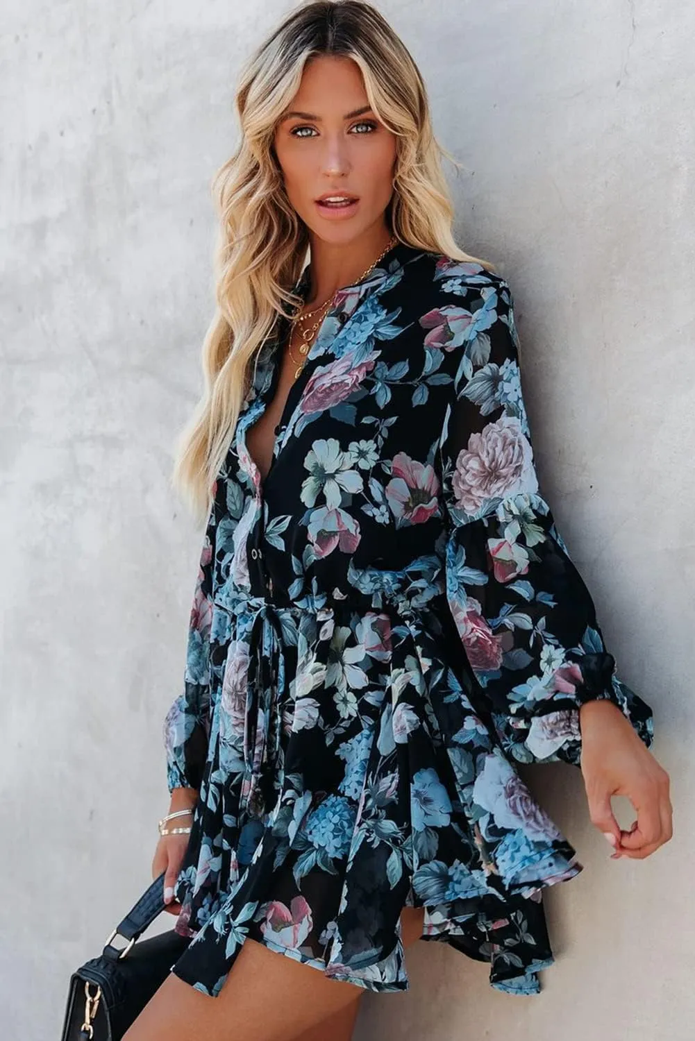 Irsutey Women Casual Summer Sundress Boho Long Sleeve V Neck Tie Knot Dress Ruffle Floral Print Button Down Mini Swing Dress