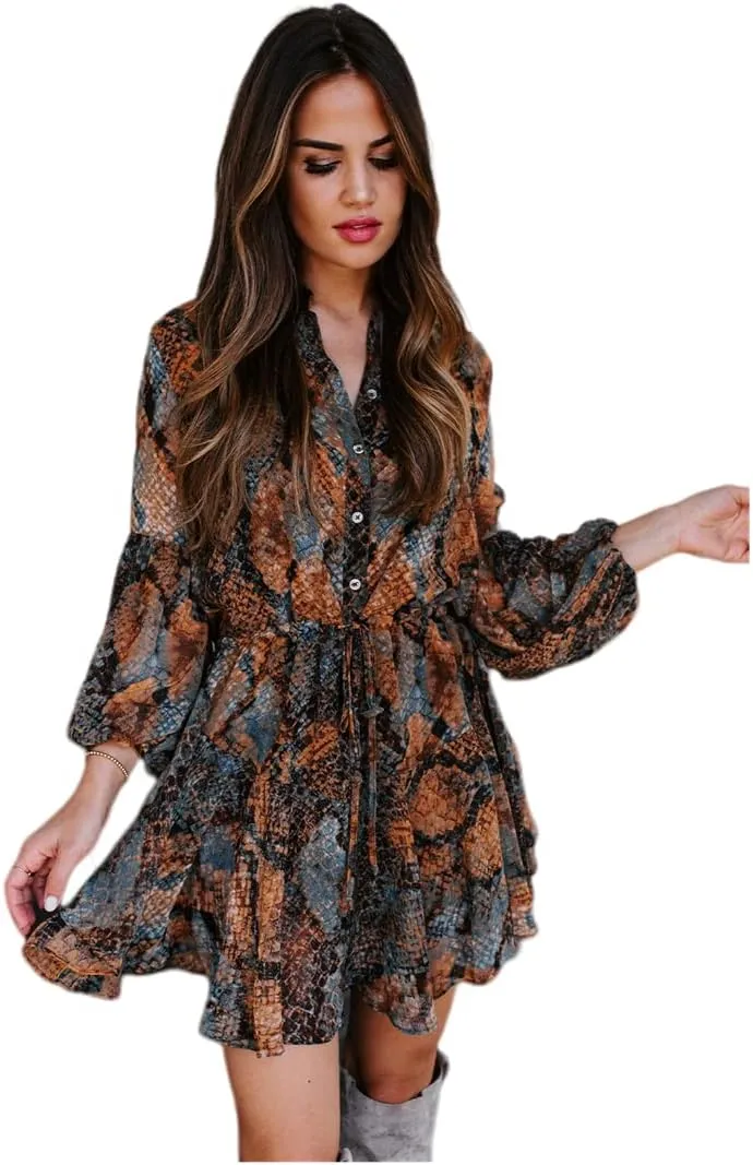 Irsutey Women Casual Summer Sundress Boho Long Sleeve V Neck Tie Knot Dress Ruffle Floral Print Button Down Mini Swing Dress