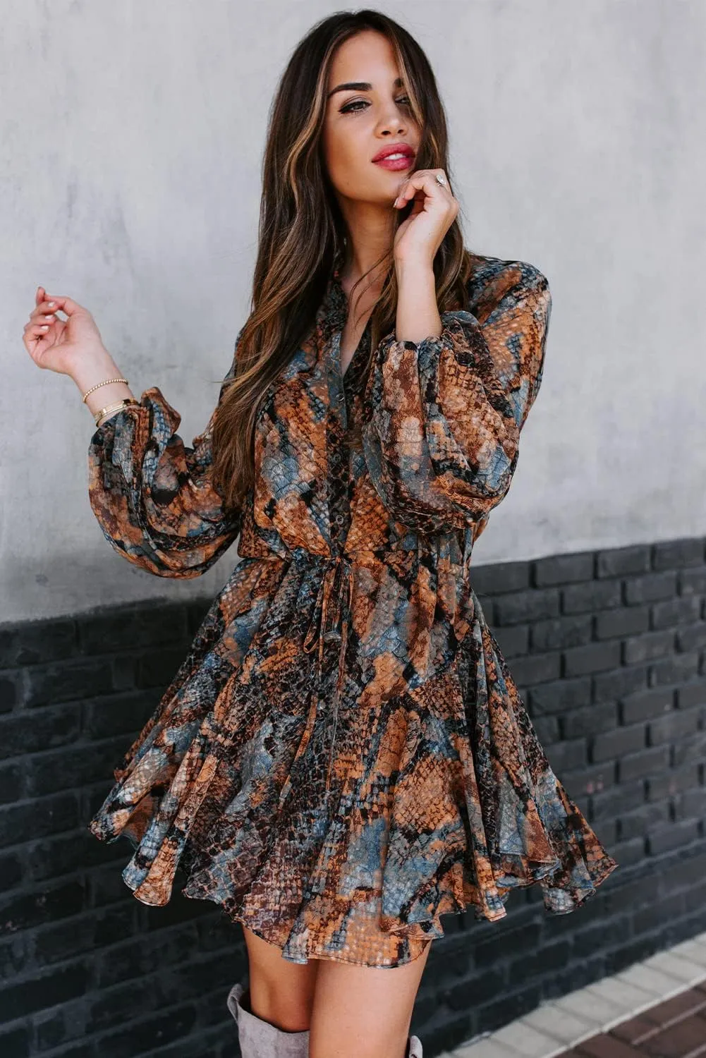 Irsutey Women Casual Summer Sundress Boho Long Sleeve V Neck Tie Knot Dress Ruffle Floral Print Button Down Mini Swing Dress