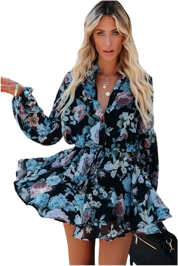 Irsutey Women Casual Summer Sundress Boho Long Sleeve V Neck Tie Knot Dress Ruffle Floral Print Button Down Mini Swing Dress