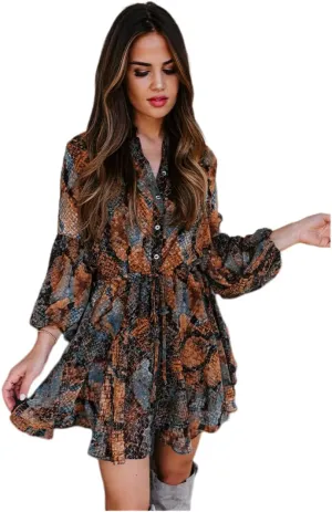 Irsutey Women Casual Summer Sundress Boho Long Sleeve V Neck Tie Knot Dress Ruffle Floral Print Button Down Mini Swing Dress