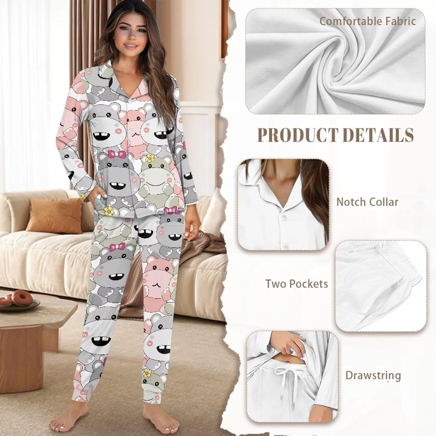 JEOCODY Pajamas Womens Lounge Set Soft Button Down Long Sleeve Pajama Sets Casual Sleepwear