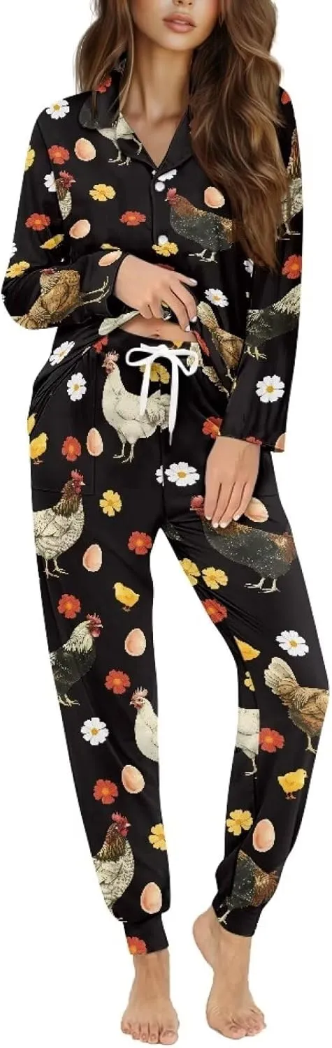 JEOCODY Pajamas Womens Lounge Set Soft Button Down Long Sleeve Pajama Sets Casual Sleepwear
