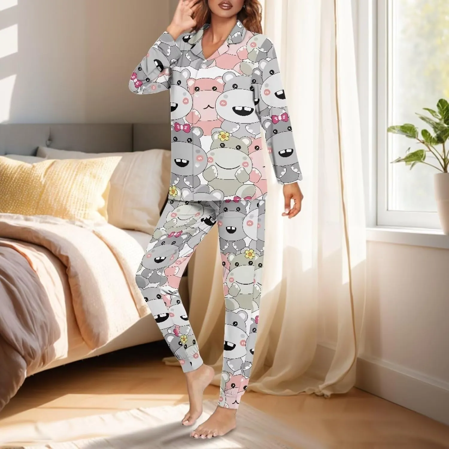 JEOCODY Pajamas Womens Lounge Set Soft Button Down Long Sleeve Pajama Sets Casual Sleepwear