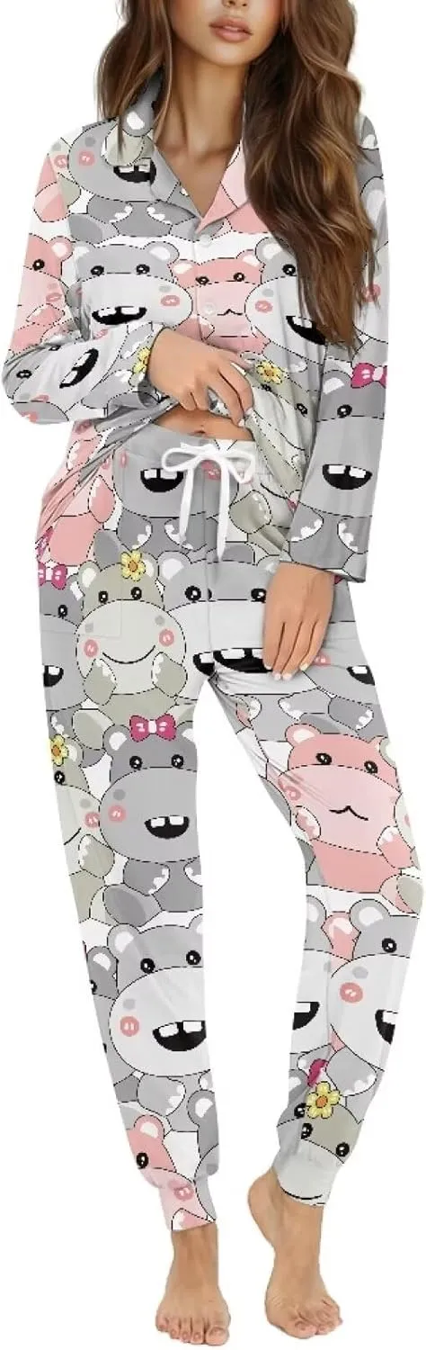 JEOCODY Pajamas Womens Lounge Set Soft Button Down Long Sleeve Pajama Sets Casual Sleepwear