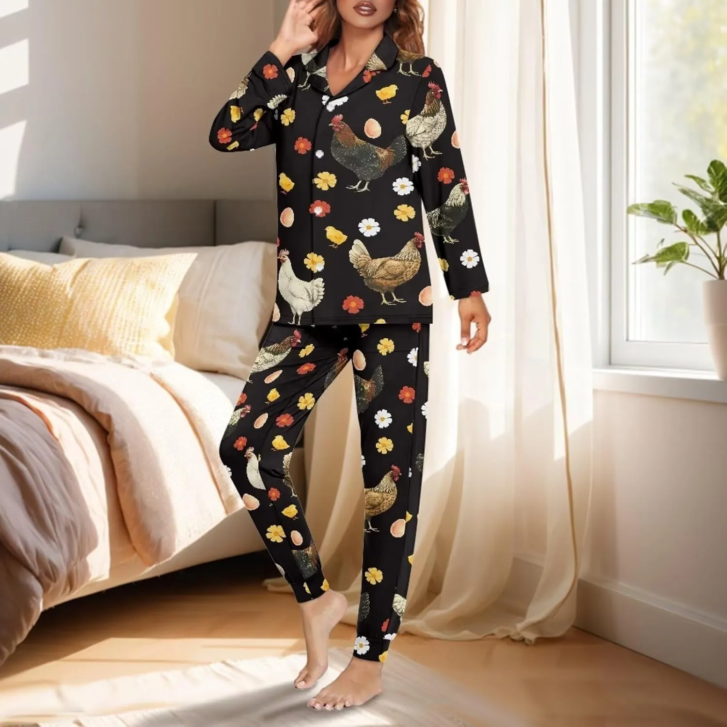 JEOCODY Pajamas Womens Lounge Set Soft Button Down Long Sleeve Pajama Sets Casual Sleepwear
