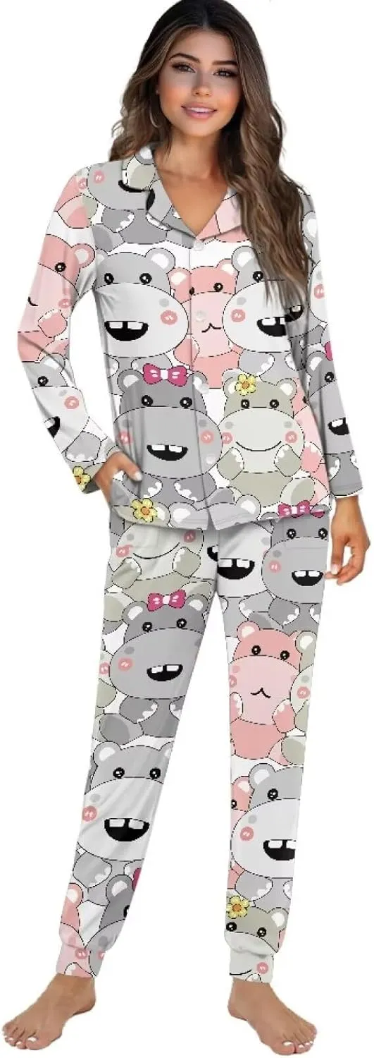 JEOCODY Pajamas Womens Lounge Set Soft Button Down Long Sleeve Pajama Sets Casual Sleepwear