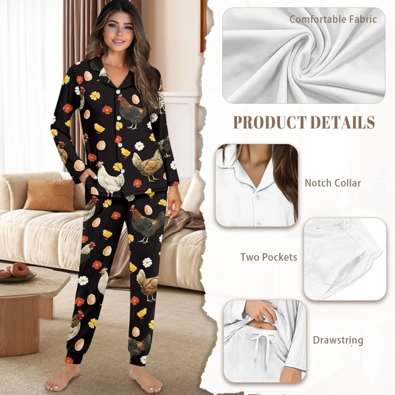 JEOCODY Pajamas Womens Lounge Set Soft Button Down Long Sleeve Pajama Sets Casual Sleepwear