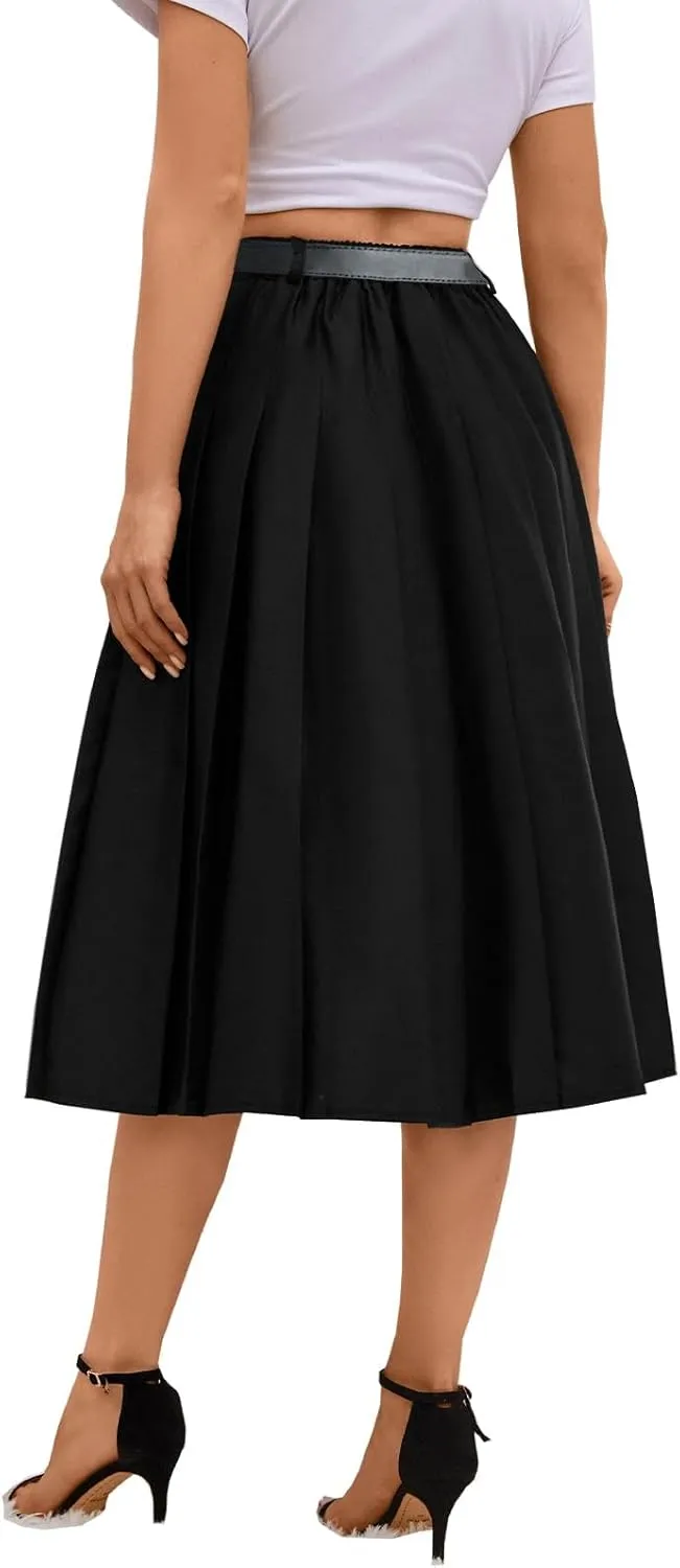 Joe Wenko Girls Womens High Waist Pleated Long Skirt with Pockets