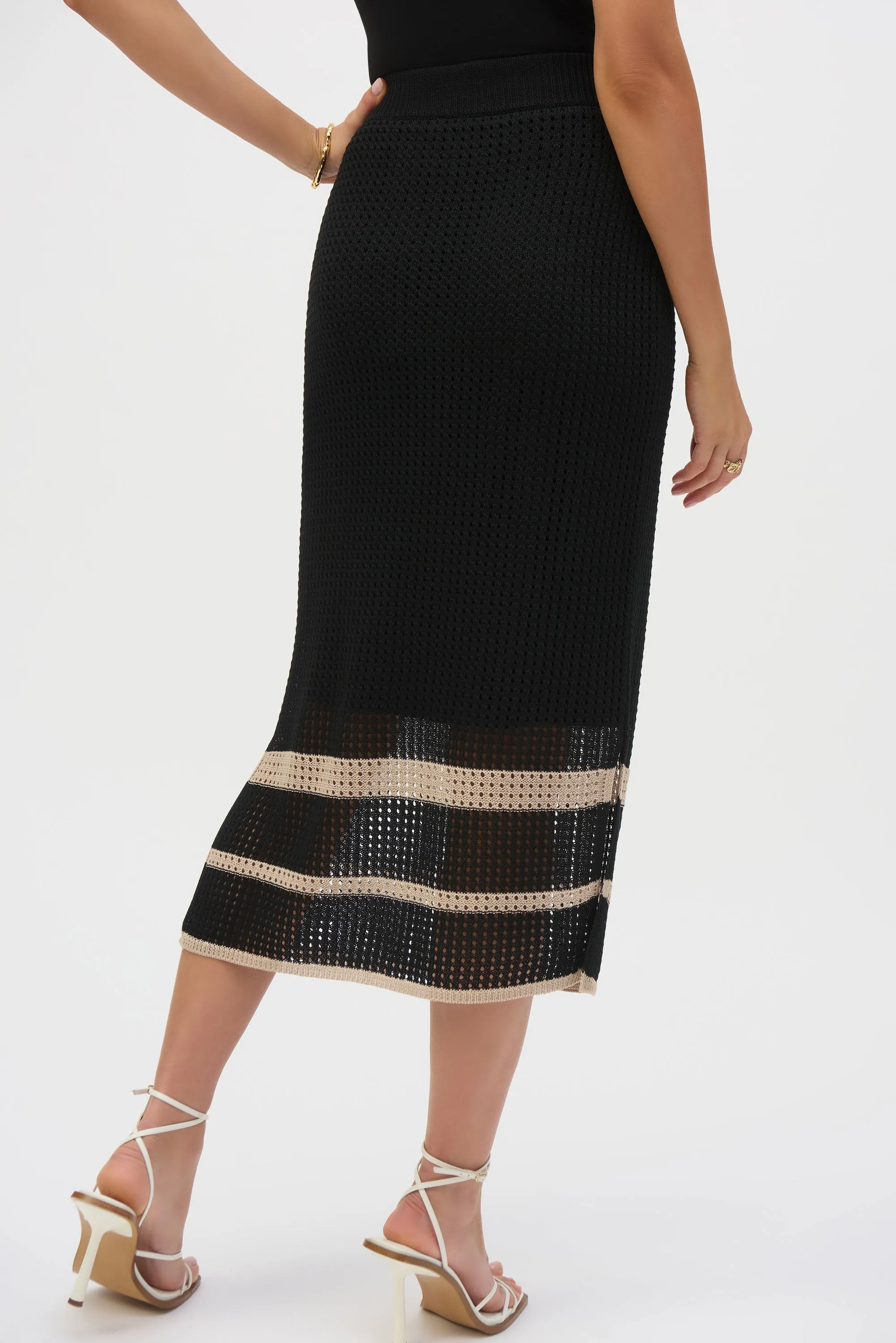 Joseph Ribkoff Black/Parchment Sweater Knit Open Stitch Stripe Skirt