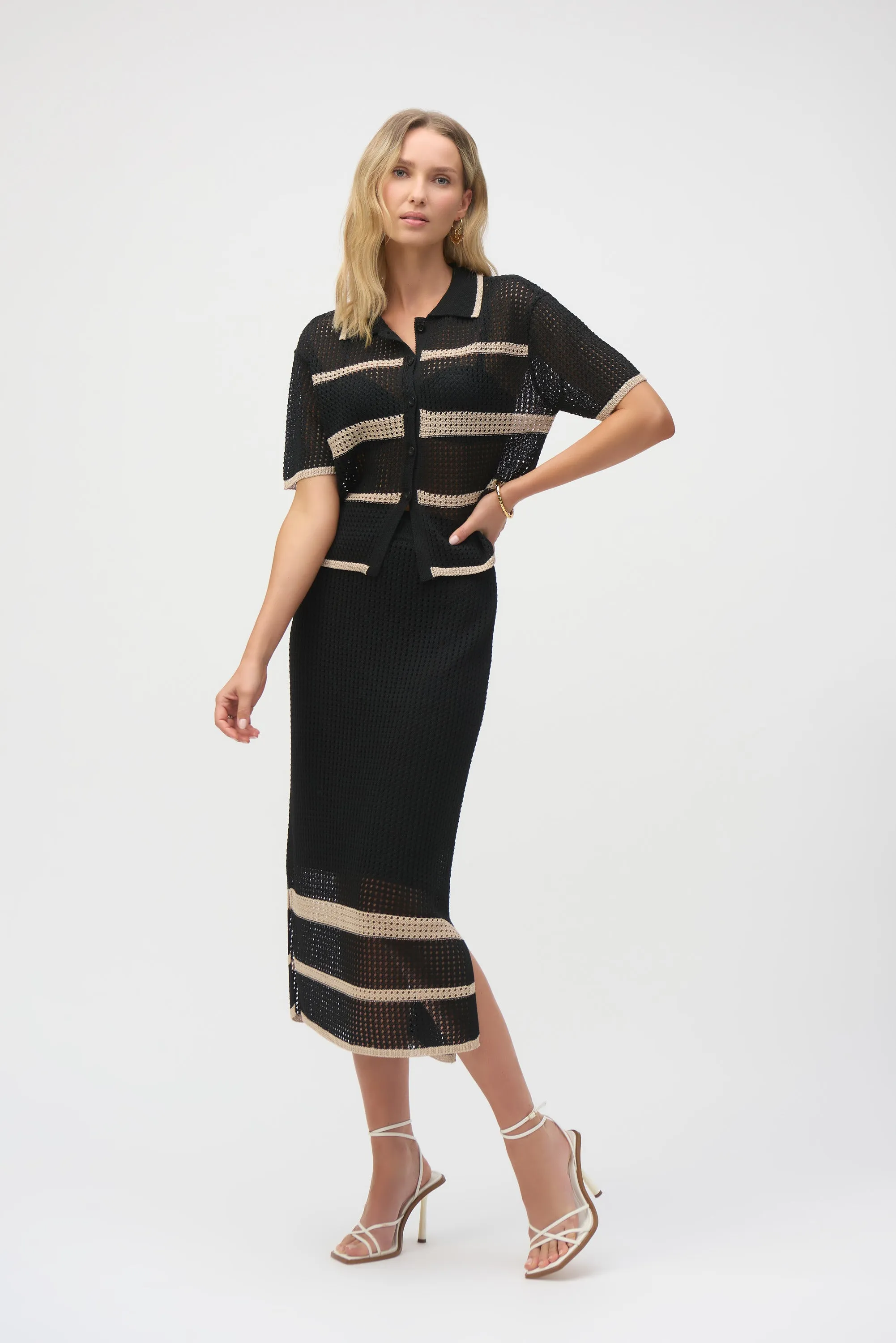 Joseph Ribkoff Black/Parchment Sweater Knit Open Stitch Stripe Skirt