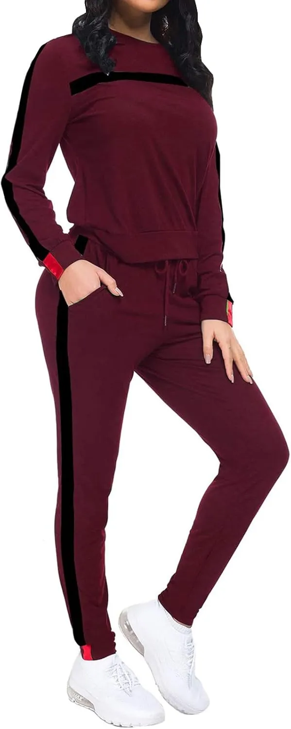 KANSOON Women Stripe Patchwork Two Piece Sweatsuit Round Neck Pullover and Skinny Long Pants Sets
