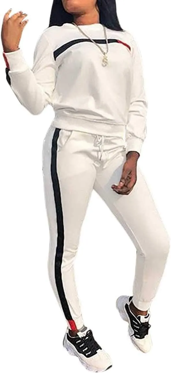 KANSOON Women Stripe Patchwork Two Piece Sweatsuit Round Neck Pullover and Skinny Long Pants Sets