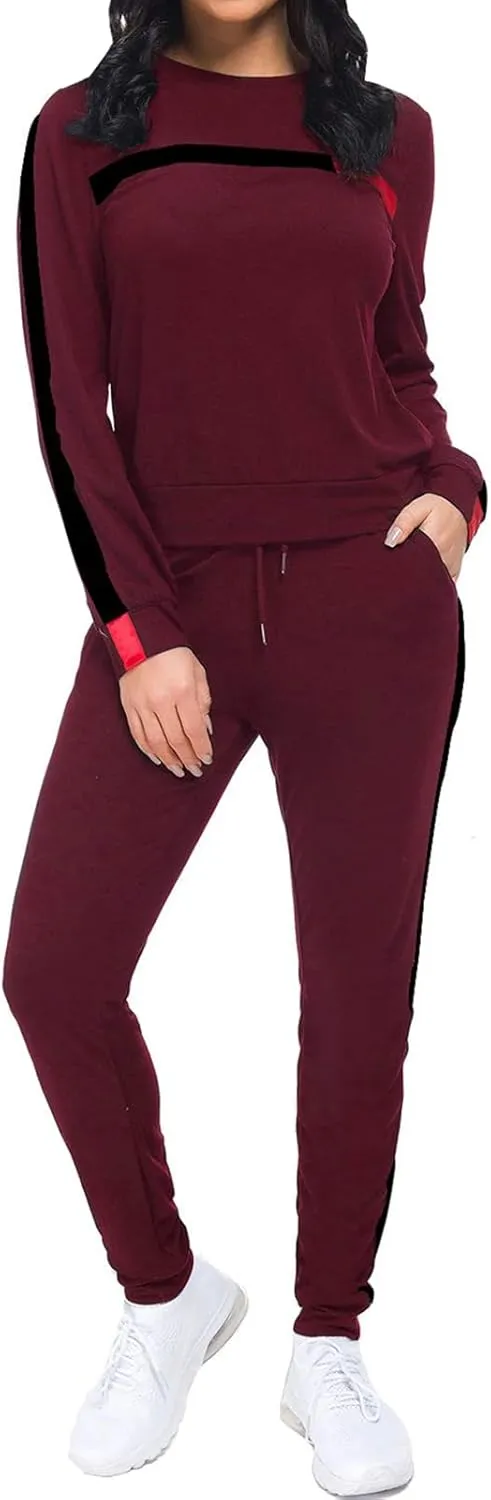 KANSOON Women Stripe Patchwork Two Piece Sweatsuit Round Neck Pullover and Skinny Long Pants Sets