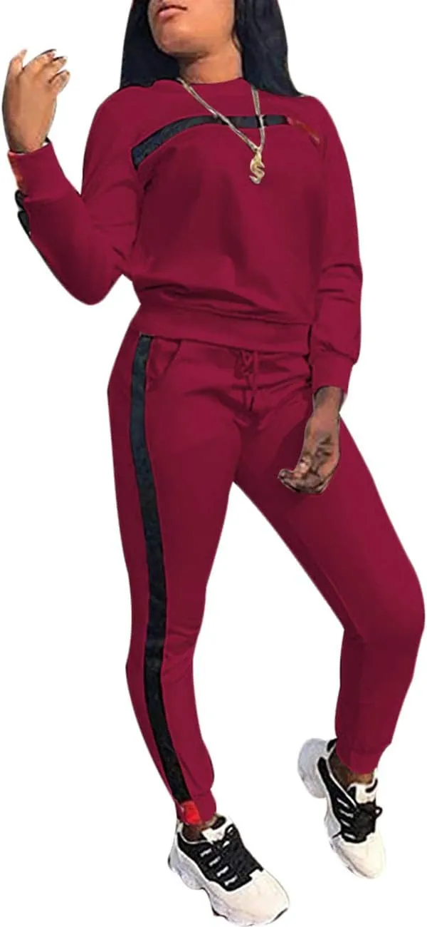 KANSOON Women Stripe Patchwork Two Piece Sweatsuit Round Neck Pullover and Skinny Long Pants Sets