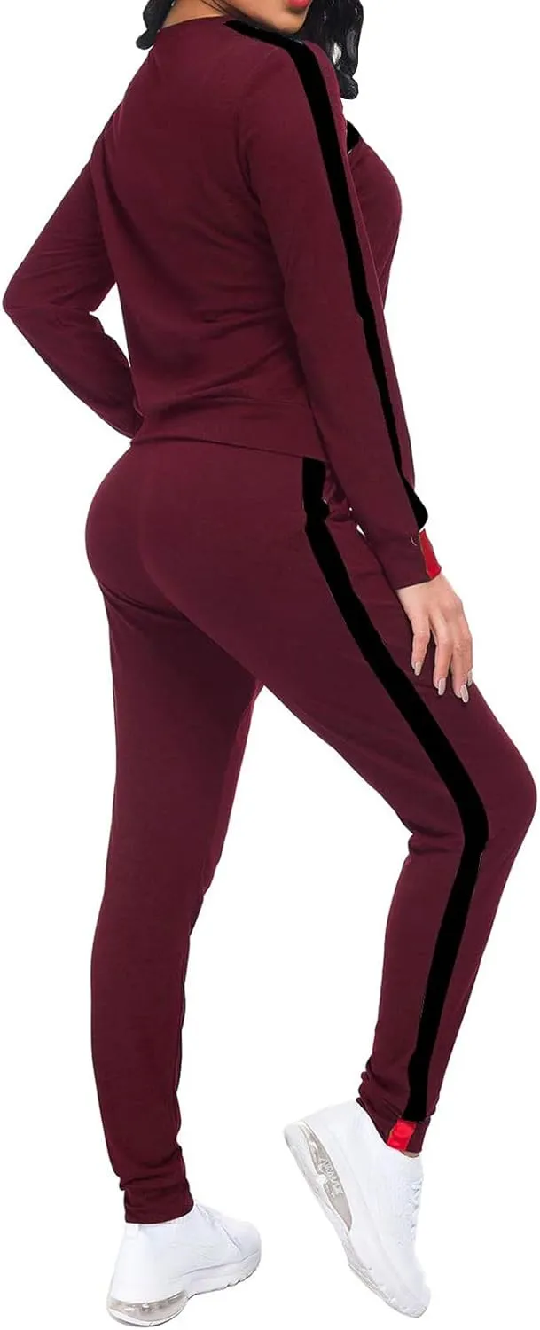 KANSOON Women Stripe Patchwork Two Piece Sweatsuit Round Neck Pullover and Skinny Long Pants Sets