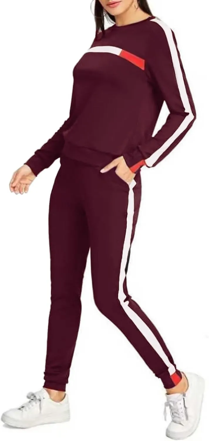 KANSOON Women Stripe Patchwork Two Piece Sweatsuit Round Neck Pullover and Skinny Long Pants Sets