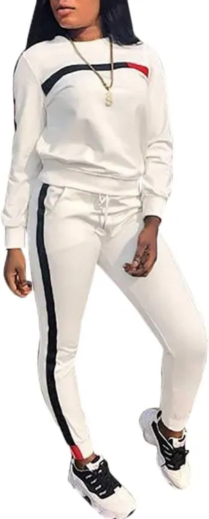 KANSOON Women Stripe Patchwork Two Piece Sweatsuit Round Neck Pullover and Skinny Long Pants Sets