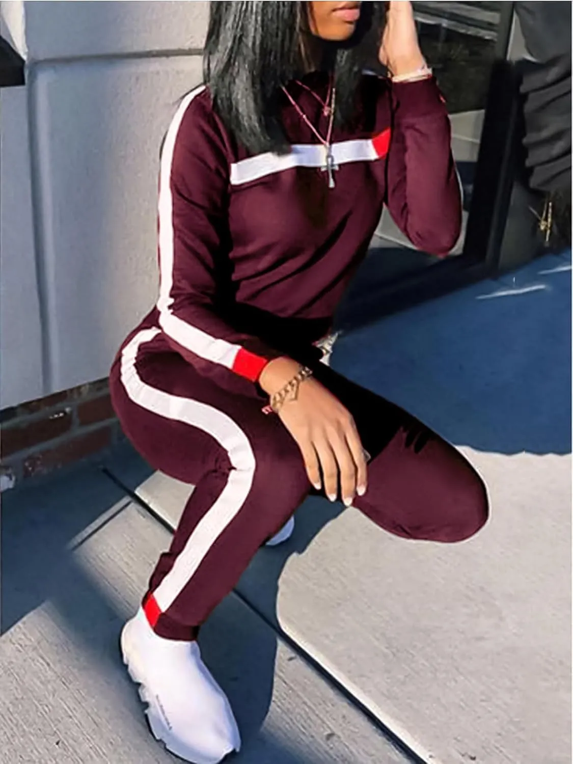 KANSOON Women Stripe Patchwork Two Piece Sweatsuit Round Neck Pullover and Skinny Long Pants Sets