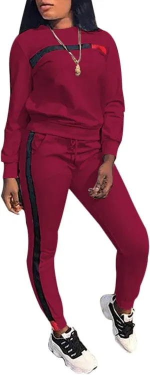 KANSOON Women Stripe Patchwork Two Piece Sweatsuit Round Neck Pullover and Skinny Long Pants Sets