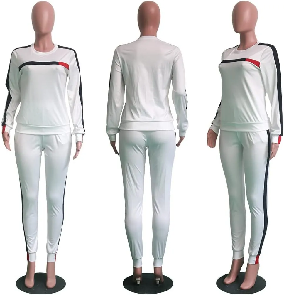 KANSOON Women Stripe Patchwork Two Piece Sweatsuit Round Neck Pullover and Skinny Long Pants Sets
