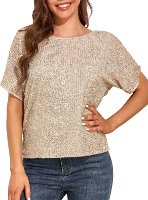 kayamiya Women's Sparkly Sequin Top Batwing Sleeve Glitter Party Shirts Blouse Dressy Tops