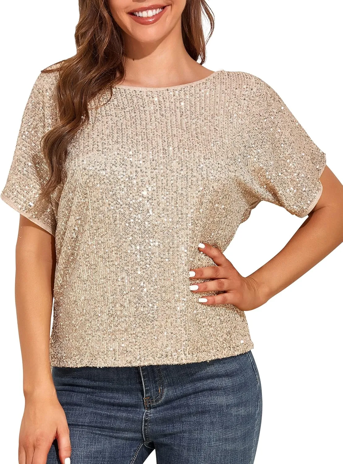 kayamiya Women's Sparkly Sequin Top Batwing Sleeve Glitter Party Shirts Blouse Dressy Tops