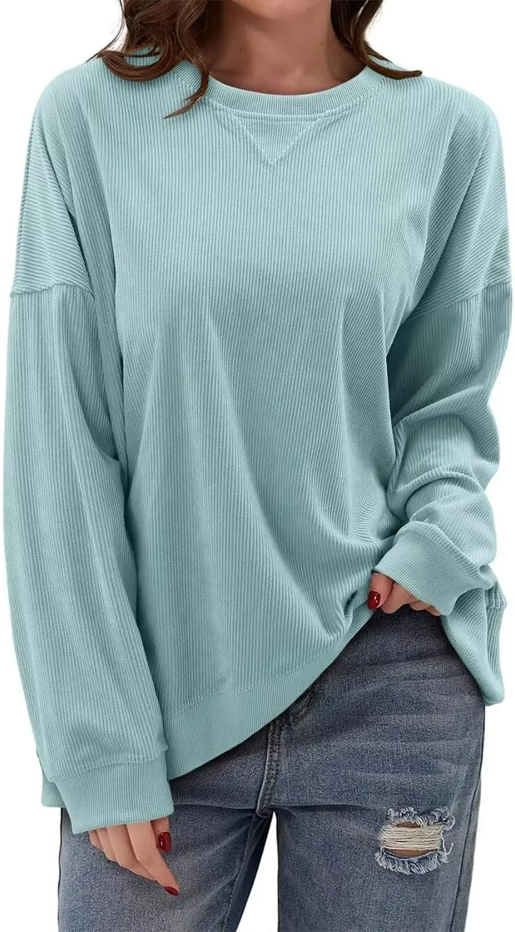 KISSMODA Womens Casual Long Sleeve Sweatshirts Color Block/Solid Tops Corduroy Crewneck Tunic Pullover with Pockets