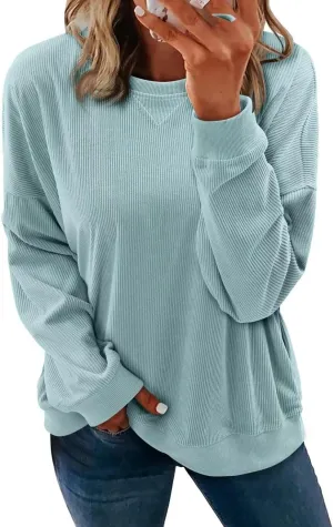 KISSMODA Womens Casual Long Sleeve Sweatshirts Color Block/Solid Tops Corduroy Crewneck Tunic Pullover with Pockets