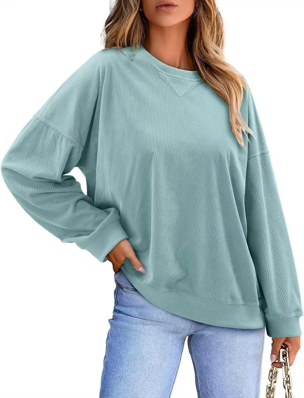 KISSMODA Womens Casual Long Sleeve Sweatshirts Color Block/Solid Tops Corduroy Crewneck Tunic Pullover with Pockets