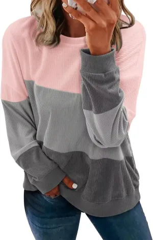 KISSMODA Womens Casual Long Sleeve Sweatshirts Color Block/Solid Tops Corduroy Crewneck Tunic Pullover with Pockets