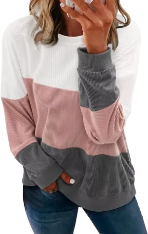KISSMODA Womens Casual Long Sleeve Sweatshirts Color Block/Solid Tops Corduroy Crewneck Tunic Pullover with Pockets