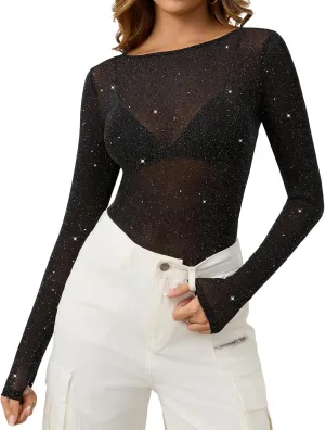 KTILG Womens Lace Long Sleeve Boat Neck Tops Embroidery Sheer Blouse Sexy See Through Shirt Mesh Top S-XXL